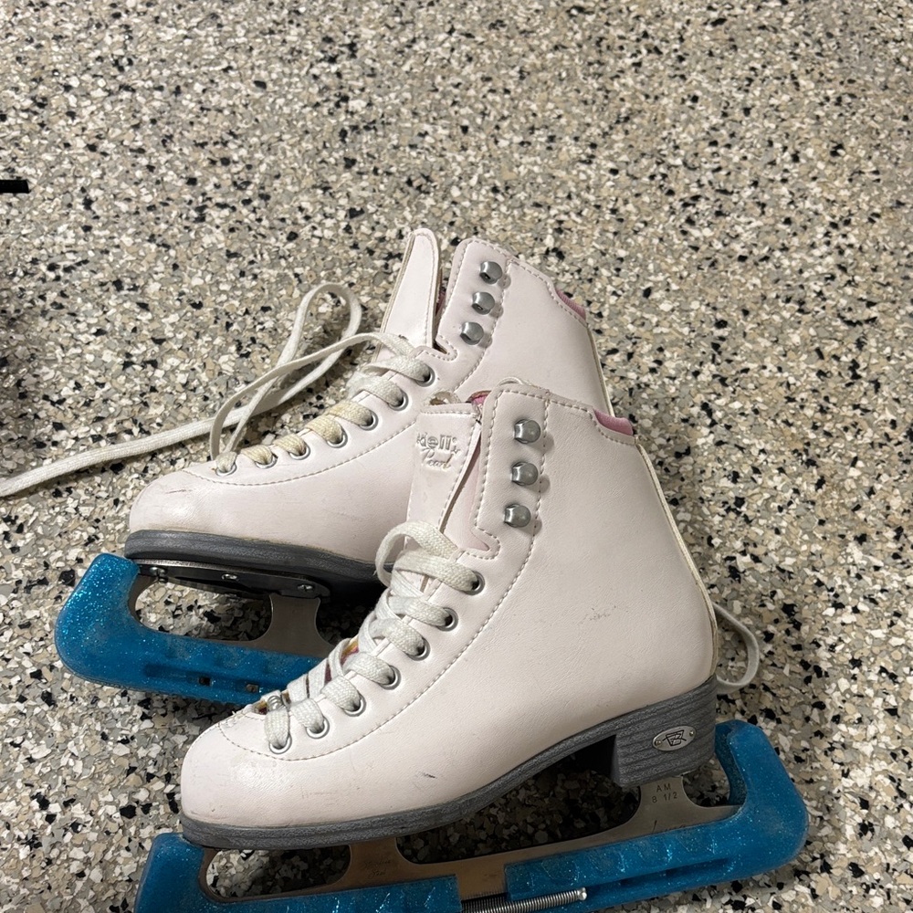 Riedell Pearl White Ice Skates with Blue Guards for kids
